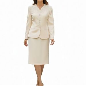 Kasper ASL Wool Skirt Suit Size 8P Light Yellow Zip Snap Embroidered Blazer